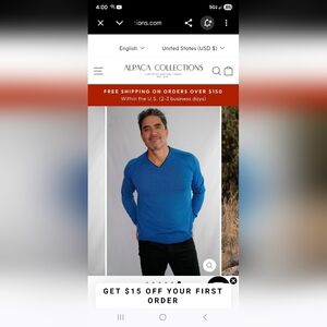 Sol Alpaca 100% Baby Alpaca Sz Medium Blue Pullover V-neck Sweater Men's